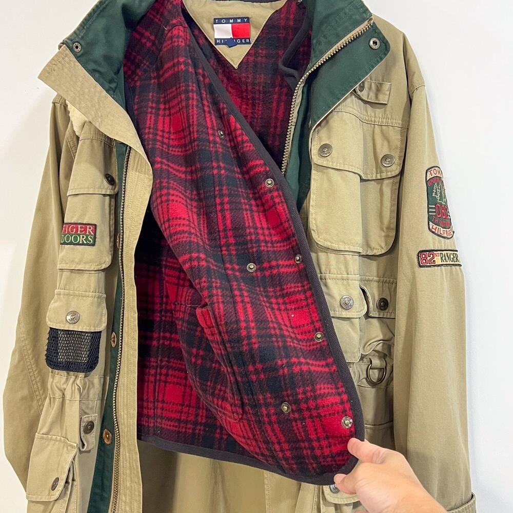 Vintage 90s Tommy Hilfiger Mens Size M Outdoor Hunting Parka Layer Jacket Khaki - Picture 12 of 16